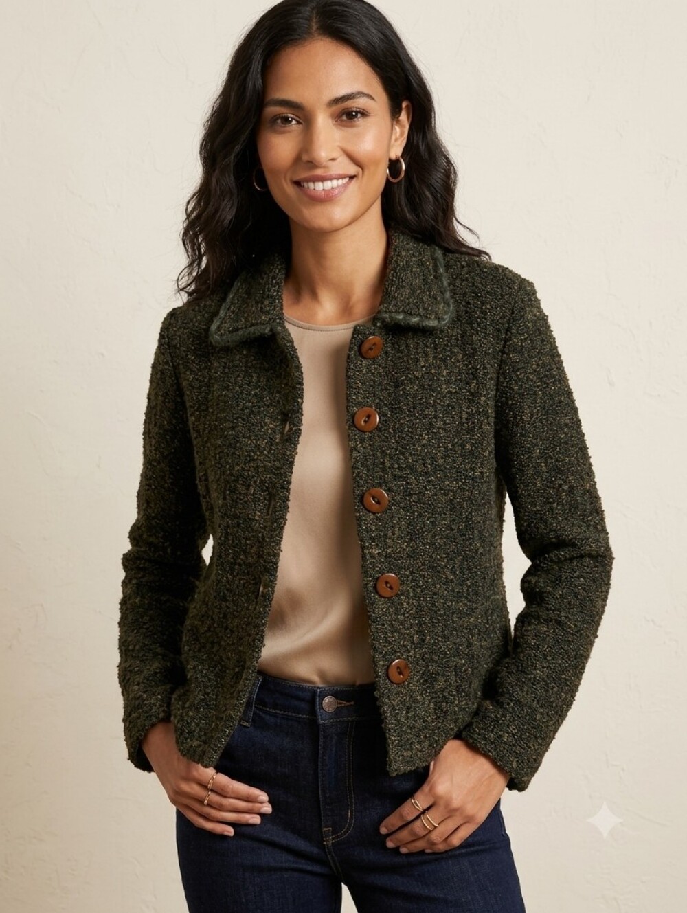Vintage Lucia Lukken Dark Green Tweed Button-Front Sweater Jacket Size Medium